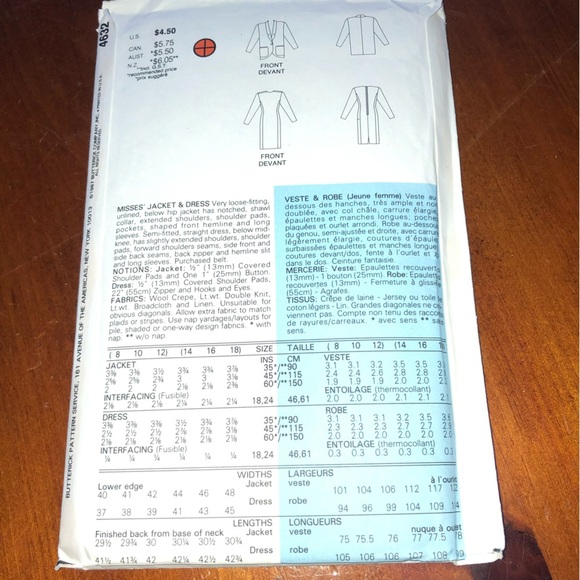 Butterick 4632 Sewing Pattern-;14-16-18 jacket and dress design- free shipping - Picture 5 of 5